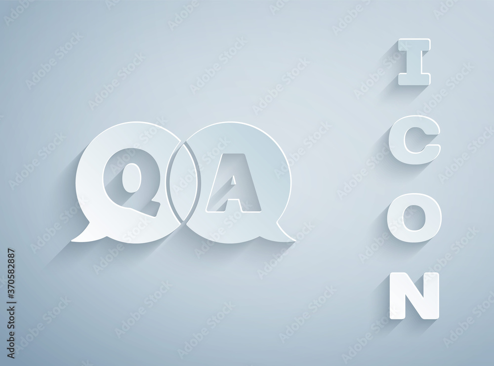 Paper cut Speech bubbles with Question and Answer icon isolated on grey background. Q and A symbol. FAQ sign. Chat speech bubble and chart. Paper art style. Vector Illustration. Paper cut Speech bubbles with Question and Answer icon isolated on grey background. Q and A symbol. FAQ sign. Chat speech bubble and chart. Paper art style. Vector Illustration.