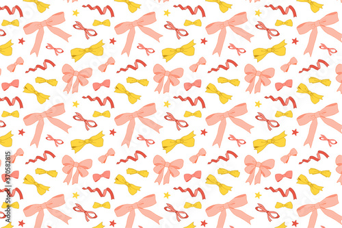 Cute bow pattern. Hand-drawn colorful bow background.