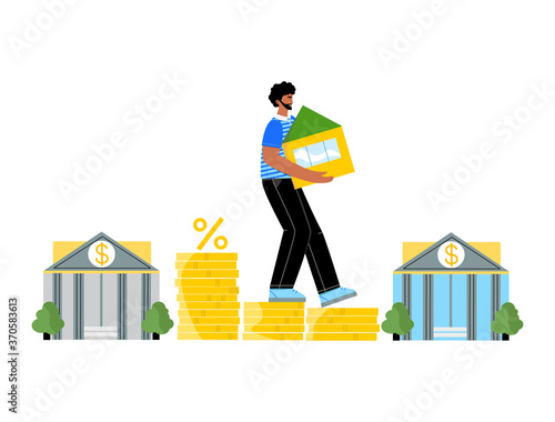 Man holding his house stepping down on coins walks from one bank to another. Mortgage refinance concept. Lower monthly payments and less percentage and market interest rate. Loan refinance design