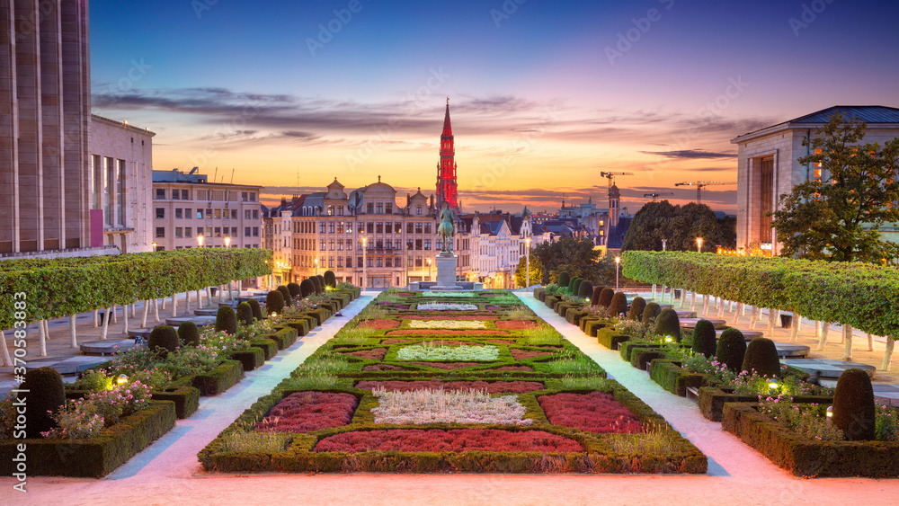 Brussels, Belgium. Panoramic cityscape image of Brussels with City Hall and Mount of the Arts area at sunset.