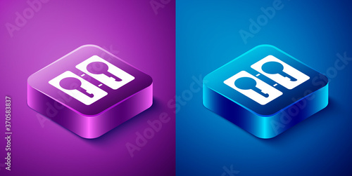 Isometric Metal mold plates for casting keys icon isolated on blue and purple background. Set for mass production and forgery of the keys. Square button. Vector Illustration.