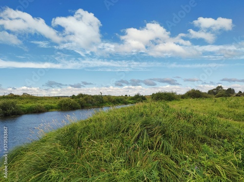luscious green grass near the river bank against a blue cloudy sky