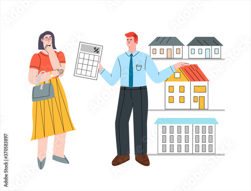 Man consultant offering different houses and a calculator. Broker helps with home mortgage. Woman thinking about getting a home loan. Real estate agent shows the interest rate. Vector flat concept