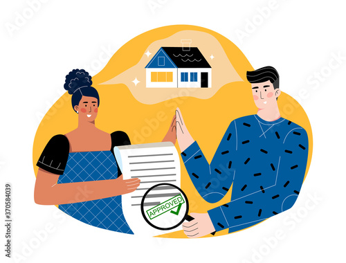 Woman holding an approved mortgage application. Man looking with magnifying class at approved loan form. Happy couple celebrating house approval, dreaming about future home together, giving high-five
