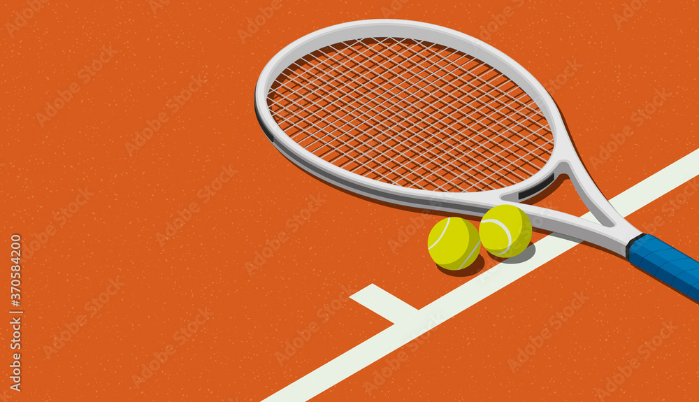 Tennis racket and balls on the court