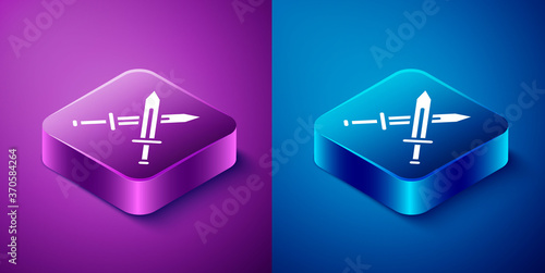 Isometric Crossed medieval sword icon isolated on blue and purple background. Medieval weapon. Square button. Vector.