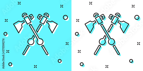 Black line Crossed medieval axes icon isolated on green and white background. Battle axe, executioner axe. Medieval weapon. Random dynamic shapes. Vector.