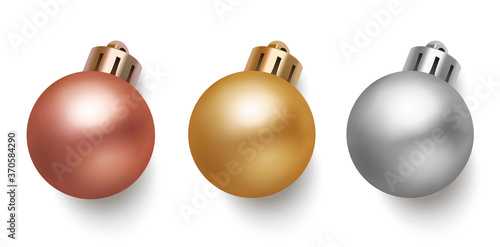 Set of Christmas balls bonze, golden and silver isolated on white. New Year decorations. Vector illustration.