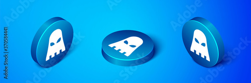 Isometric Executioner mask icon isolated on blue background. Hangman, torturer, executor, tormentor, butcher, headsman icon. Blue circle button. Vector.