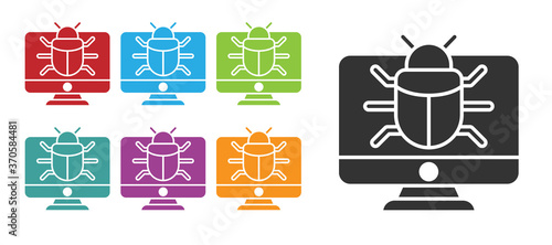 Black System bug on monitor icon isolated on white background. Code bug concept. Bug in the system. Bug searching. Set icons colorful. Vector.