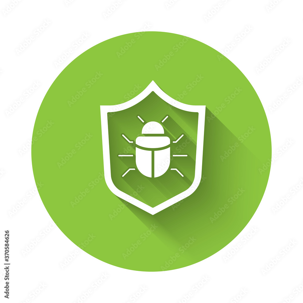 White System bug concept icon isolated with long shadow. Code bug concept. Bug in the system. Bug searching. Green circle button. Vector. White System bug concept icon isolated with long shadow. Code bug concept. Bug in the system. Bug searching. Green circle button. Vector.