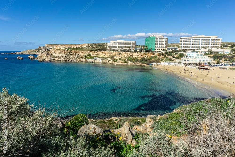 Golden Bay beach in Malta with beautiful blue ocean
