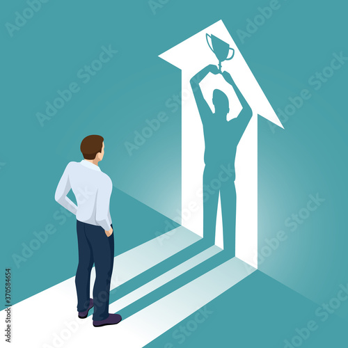 Isometric Businessman Watches his Shadow and Contemplating about Victory. Emancipation, Ambition, Success. Leadership Career Concept.