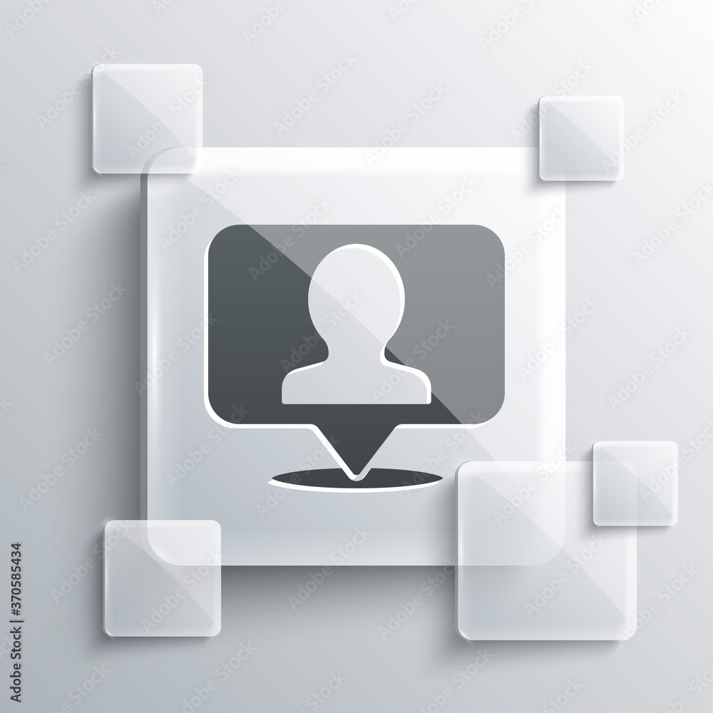 Grey Map marker with a silhouette of a person icon isolated on grey background. GPS location symbol. Square glass panels. Vector. Grey Map marker with a silhouette of a person icon isolated on grey background. GPS location symbol. Square glass panels. Vector.