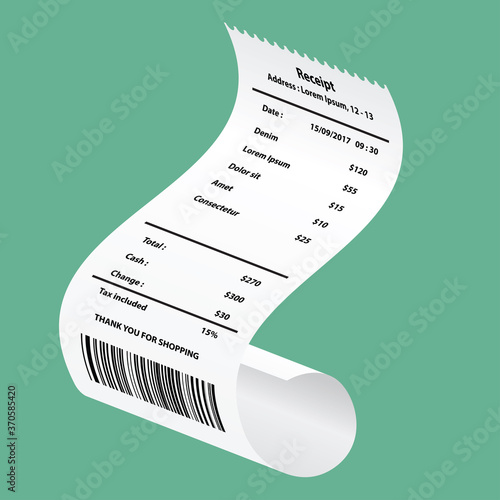 denim receipt printed template, paper financial check. vector illustration