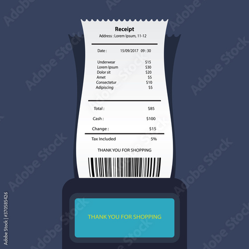 Underwear receipt printed template, paper financial check. vector illustration