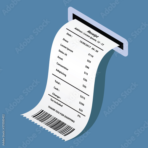 Dress receipt printed template, paper financial check. vector illustration