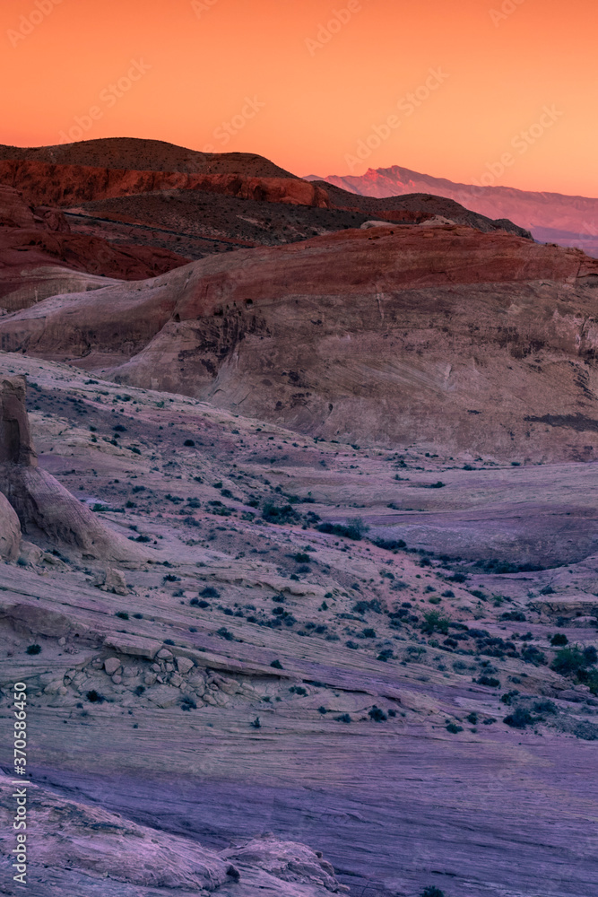 Sunset over the Valley of Fire State Park in the Nevada desert, USA