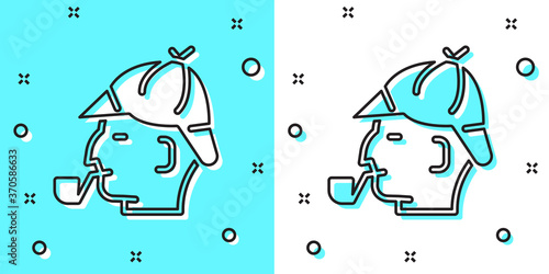 Black line Sherlock Holmes with smoking pipe icon isolated on green and white background. Detective. Random dynamic shapes. Vector.