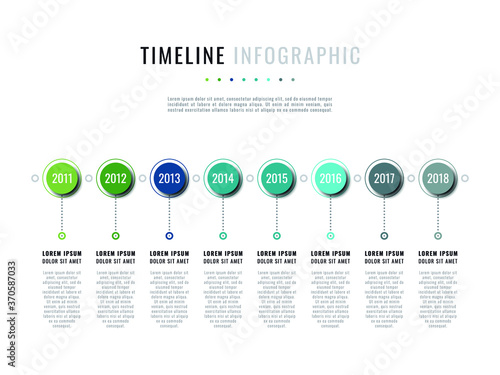 Business infographic timeline template with round realistic elements on a white background. Modern corporate history visualisation with eight dates and descriptions. Vector illustration eps10