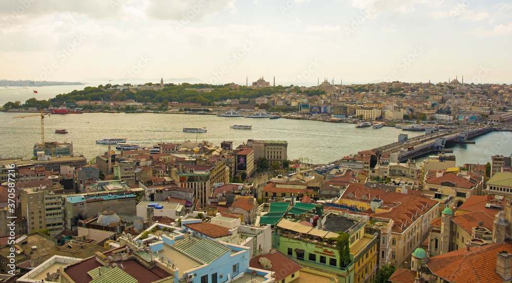 A view of Istanbul from Galata Tower in Beyoglu looking towards Galata Bridge and Sultanahmet, with Topkapi Palace on the left and Hagia Sofia and the Blue Mosque central