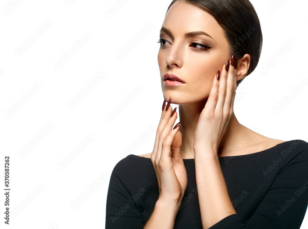 Woman beautiful face natural make up manicure nails hands beautiful hair Woman beautiful face natural make up manicure nails hands beautiful hair