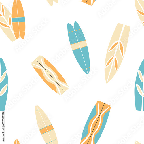 Hand drawn isolated seamless pattern with various surf and kite boards.Vector illustration for fabric print and other.