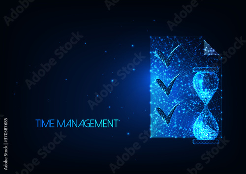 Futuristic time management concept with glowing low polygonal hourglass and planning list document