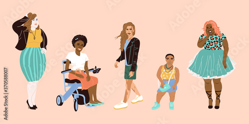 Set of lovely women with natural beauty, different shapes, height and skin color. Different women in flat style. People with skin problems, people in a wheelchair, dwarfism, and different complexions.