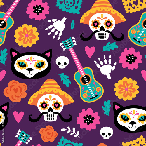 Seamless pattern for Day of the dead Dia de los Muertos holiday. Childish background for fabric, wrapping paper, textile, wallpaper and apparel. Vector illustration