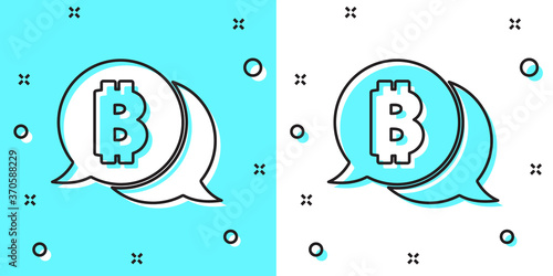 Black line Cryptocurrency coin Bitcoin icon isolated on green and white background. Physical bit coin. Blockchain based secure crypto currency. Random dynamic shapes. Vector.