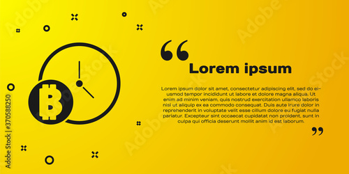 Black Cryptocurrency coin Bitcoin with clock icon isolated on yellow background. Physical bit coin. Blockchain based secure crypto currency. Vector.