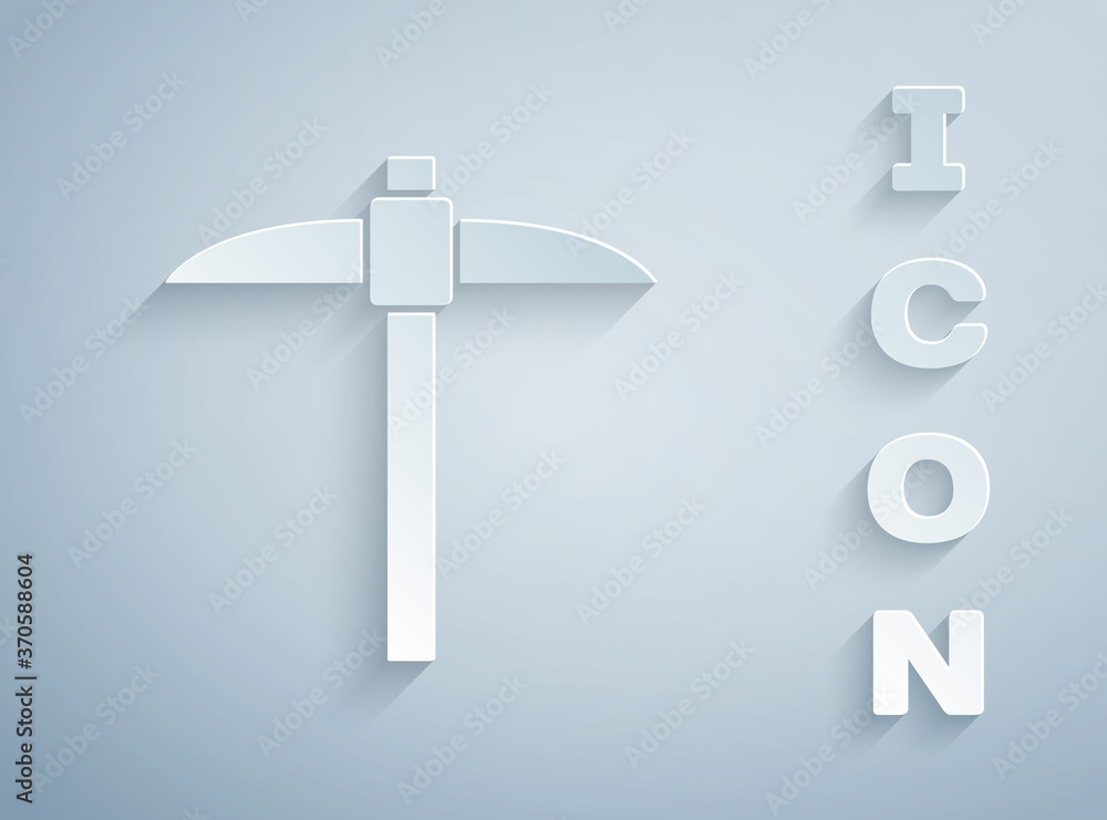 Paper cut Pickaxe icon isolated on grey background. Blockchain technology, cryptocurrency mining, bitcoin, digital money market, cryptocoin wallet. Paper art style. Vector. Paper cut Pickaxe icon isolated on grey background. Blockchain technology, cryptocurrency mining, bitcoin, digital money market, cryptocoin wallet. Paper art style. Vector.