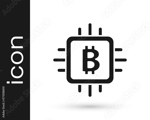 Black CPU mining farm icon isolated on white background. Bitcoin sign inside processor. Cryptocurrency mining community. Digital money. Vector.