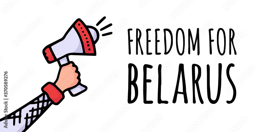 Freedom for Belarus on the poster. Protests in Belarus after the 2020 presidential elections. A raised speaker Freedom for Belarus on the poster. Protests in Belarus after the 2020 presidential elections. A raised speaker