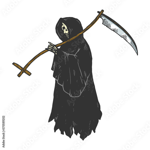 Grim reaper Death metaphor color sketch engraving vector illustration. Scratch board style imitation. Black and white hand drawn image.
