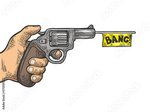 Pistol with white flag imitation shooting color sketch engraving vector illustration. Scratch board style imitation. Black and white hand drawn image.