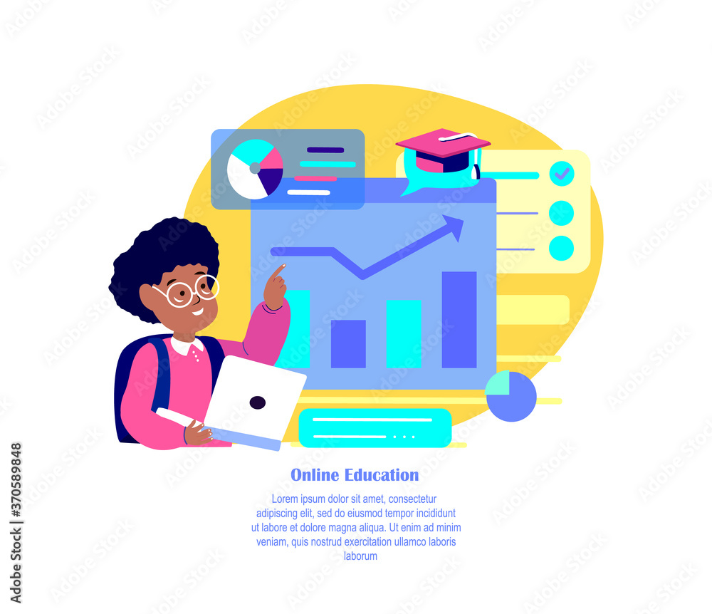 African Boy Student Planning School Timetable.Plans,Schedule Education.Online Digital Lesson Tutorial Education for Child.Pupil in Laptop. Student Study.Home Internet Learning.Vector Flat Illustration