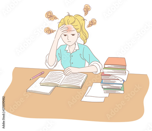 The woman was reading very irritably, touching her forehead with one hand, feeling a headache.