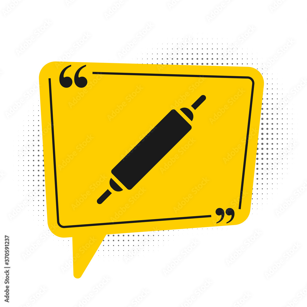 Black Rolling pin icon isolated on white background. Yellow speech bubble symbol. Vector. Black Rolling pin icon isolated on white background. Yellow speech bubble symbol. Vector.