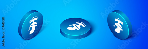 Isometric Roman army helmet icon isolated on blue background. Blue circle button. Vector.
