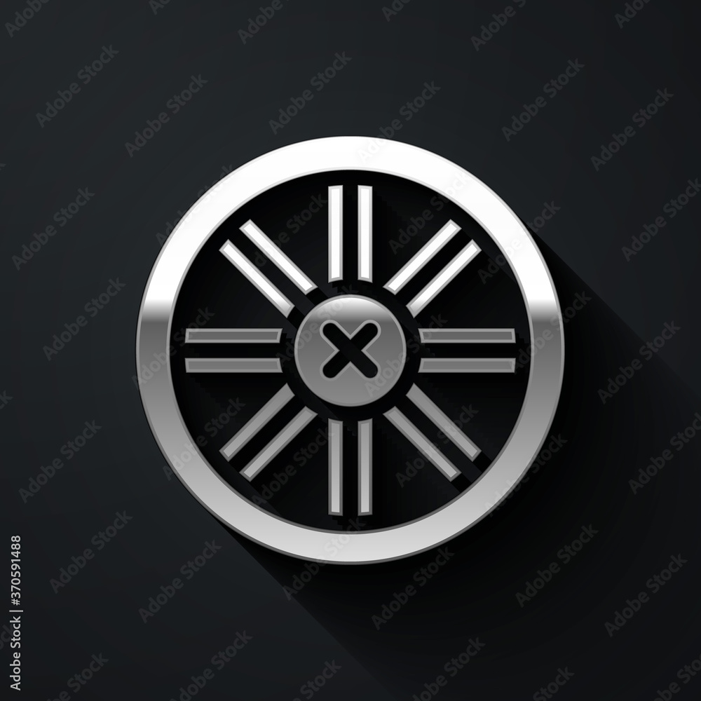 Silver Old wooden wheel icon isolated on black background. Long shadow style. Vector.