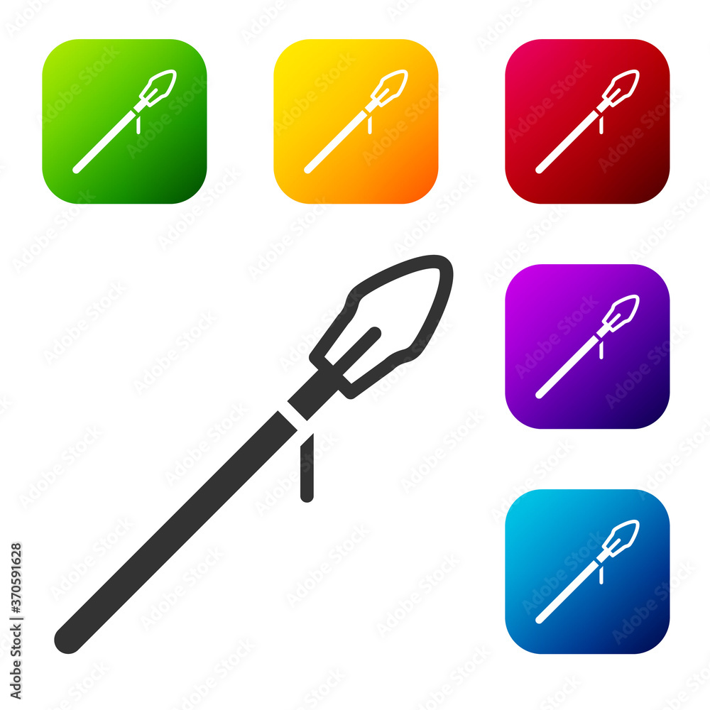 Black Medieval spear icon isolated on white background. Medieval weapon. Set icons in color square buttons. Vector. Black Medieval spear icon isolated on white background. Medieval weapon. Set icons in color square buttons. Vector.