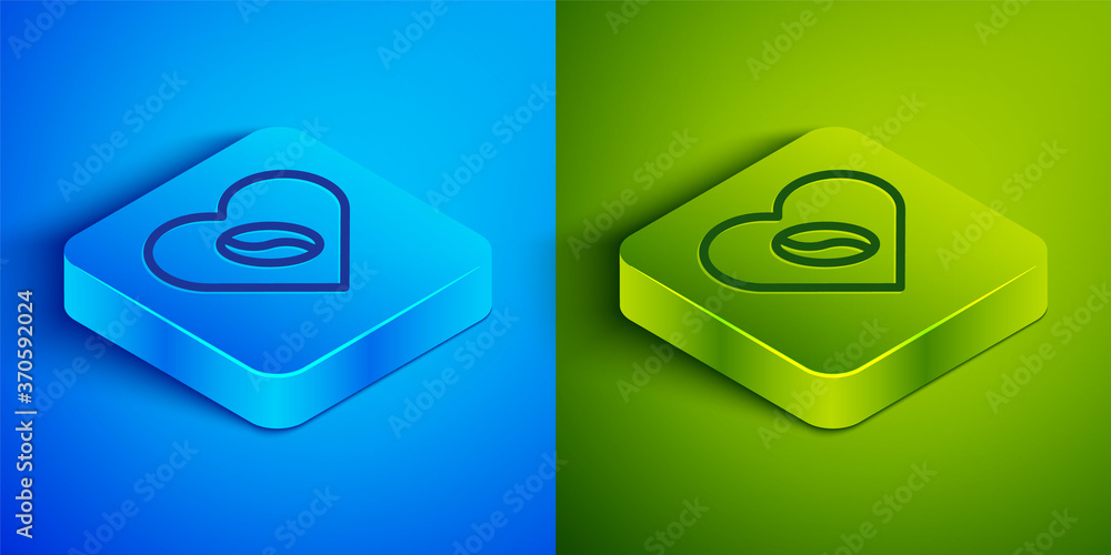 Isometric line Coffee Lovers icon isolated on blue and green background. I love coffee. Square button. Vector Illustration. Isometric line Coffee Lovers icon isolated on blue and green background. I love coffee. Square button. Vector Illustration.