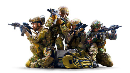 Groupof army soldiers in Protective Combat Uniform holding Special Operations Forces Combat Assault Rifle isolated on white background
