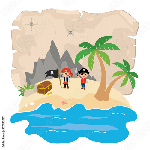 Funny kids pirate with sword and flag. Island treasure hunt. Cartoon children characters.