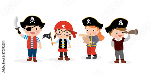 Funny kids pirates in various poses. Cartoon children characters. Cute preschoolers dressed in pirate costumes