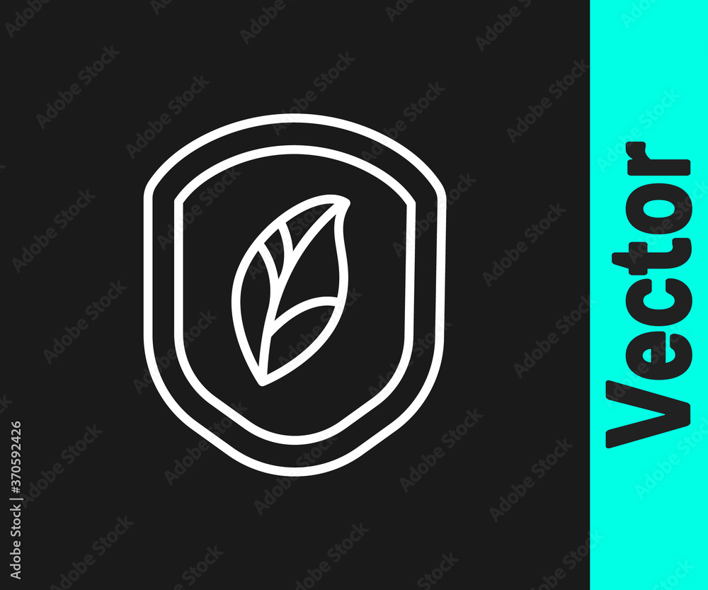 White line Shield with leaf icon isolated on black background. Eco-friendly security shield with leaf. Vector Illustration.