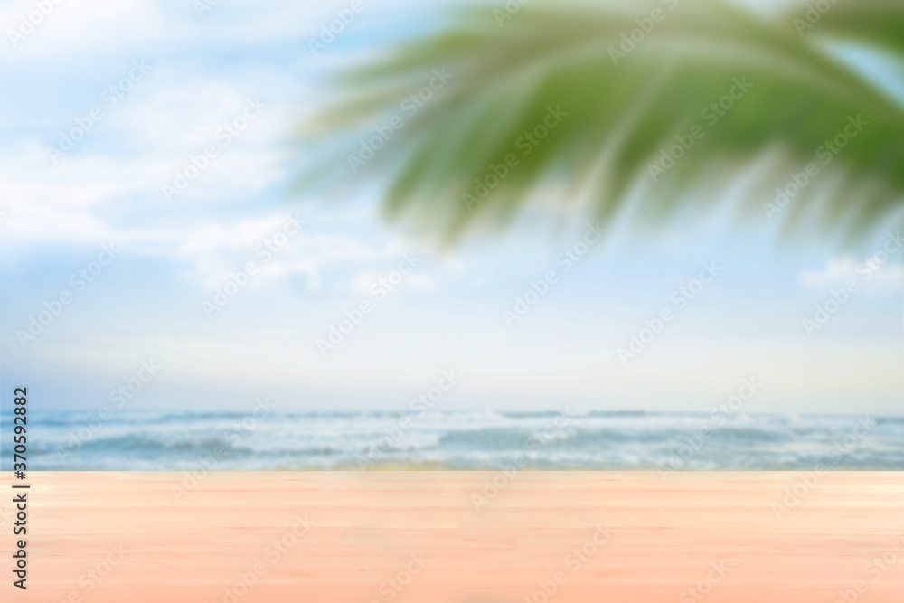 blank wood table countertop with softfocus palm and summer beach background