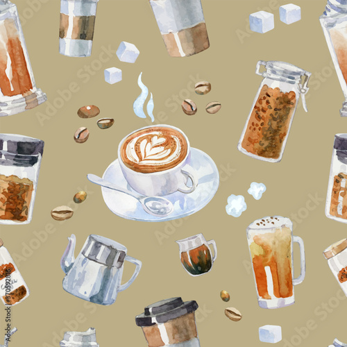 Hand drawn watercolor coffee elements pattern. Including, mug, jar, spoon, Arabica beans, sugar and a lot type of coffee cup. 